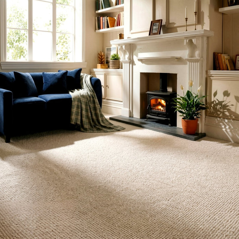 A bright living room with an ivory chunky loop wool carpet covering the floor, featuring a navy blue sofa, a white fireplace, and a potted plant.