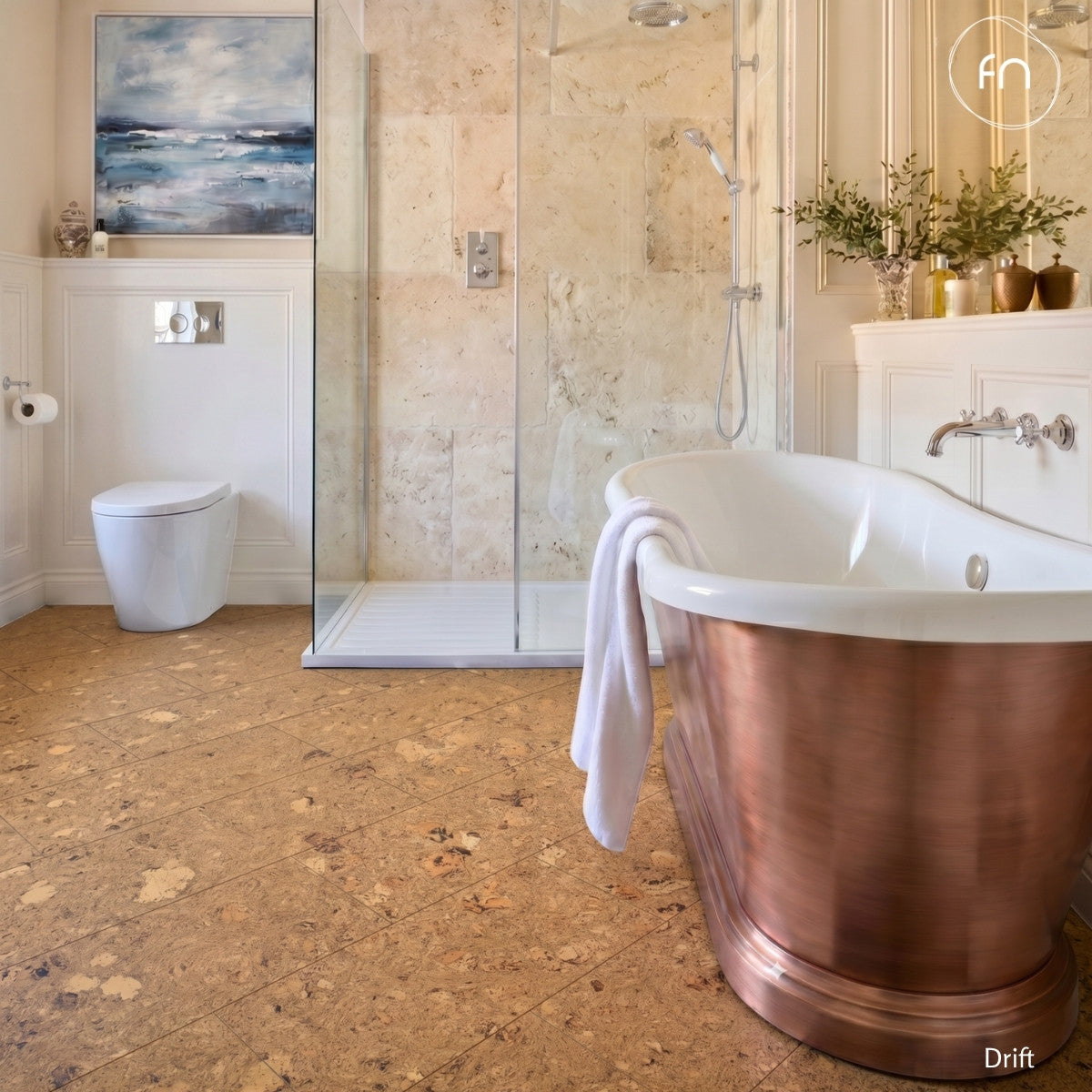 Bathroom with a copper bathtub and cork tile floor