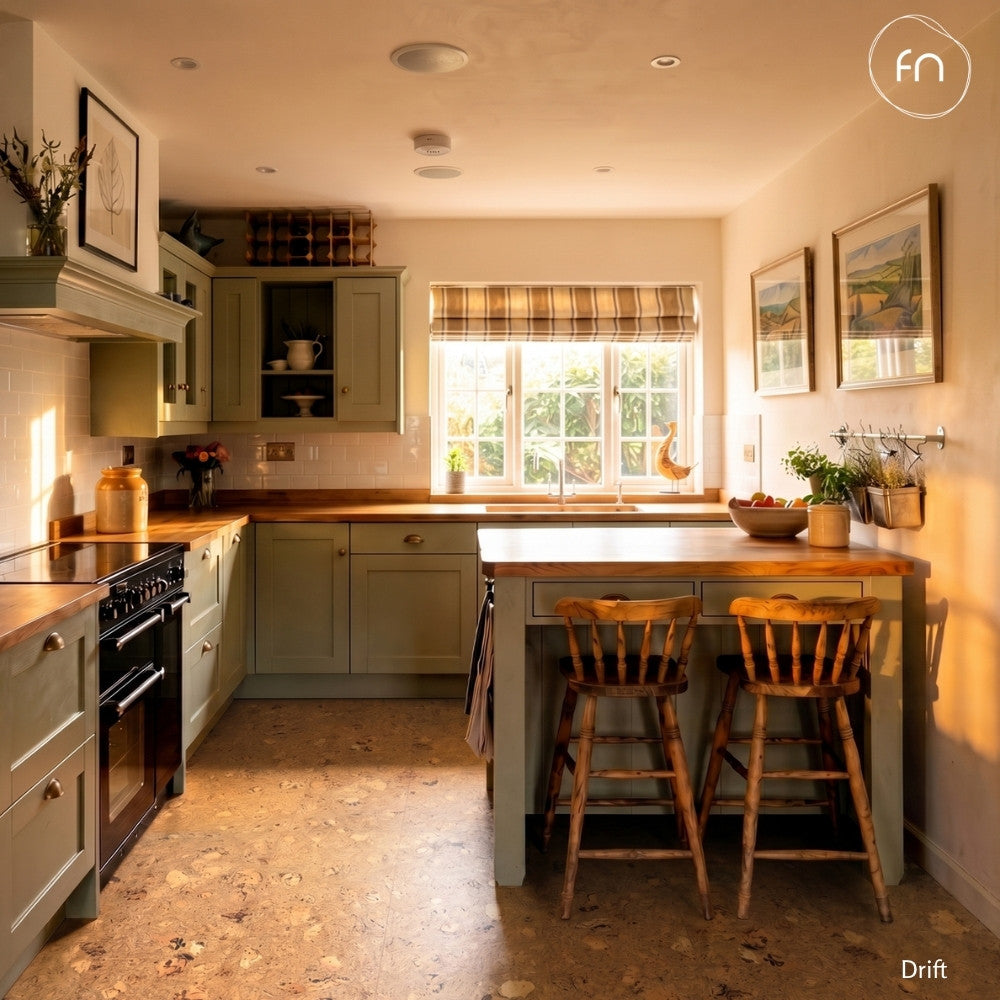 Kitchen with cork flooring, wooden island and stools, natural light from window, and decorative elements.