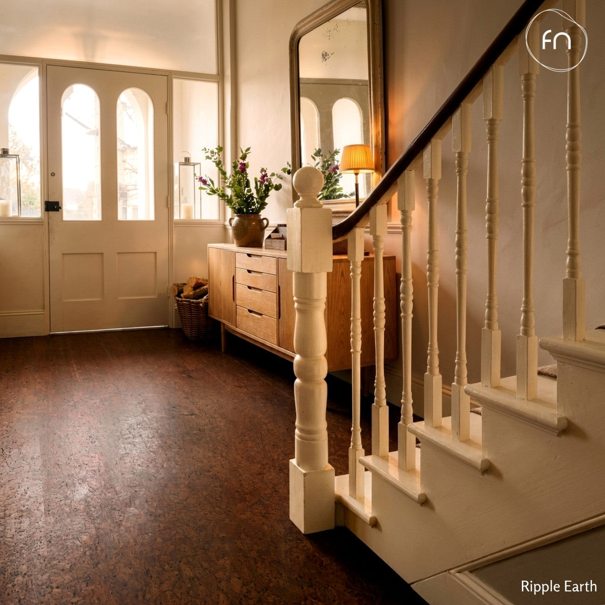 Staircase with wooden banister and dark cork floor in a home interior.