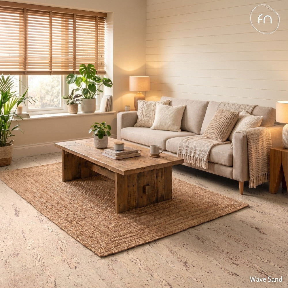 Modern living room with cream cork flooring.
