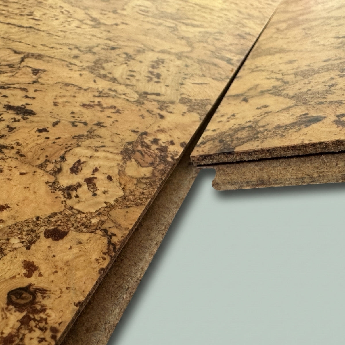 Close-up of cork flooring with a light gray background